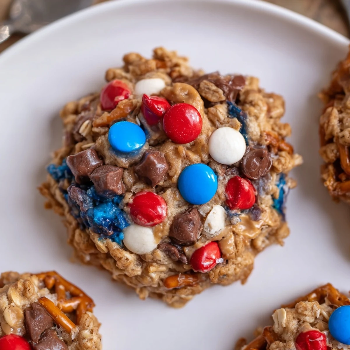 Close-up of crunchy edges and red, white, blue candies in Patriotic Monster Cookies Recipe