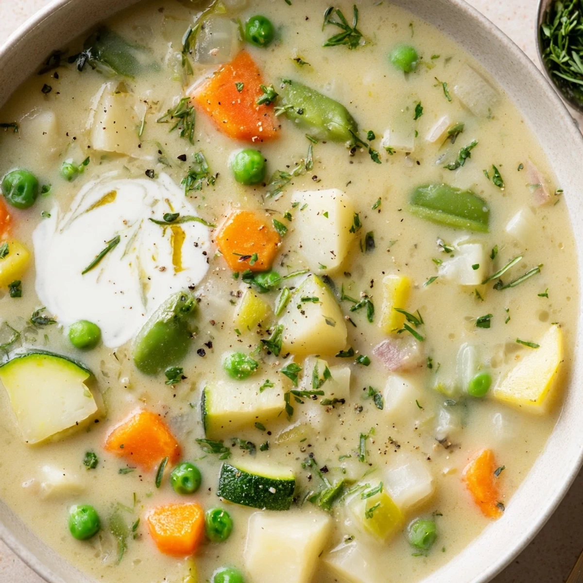 Aromatic broth and tender veggies in this Creamy Vegetable Soup Recipe, garnished with parsley.