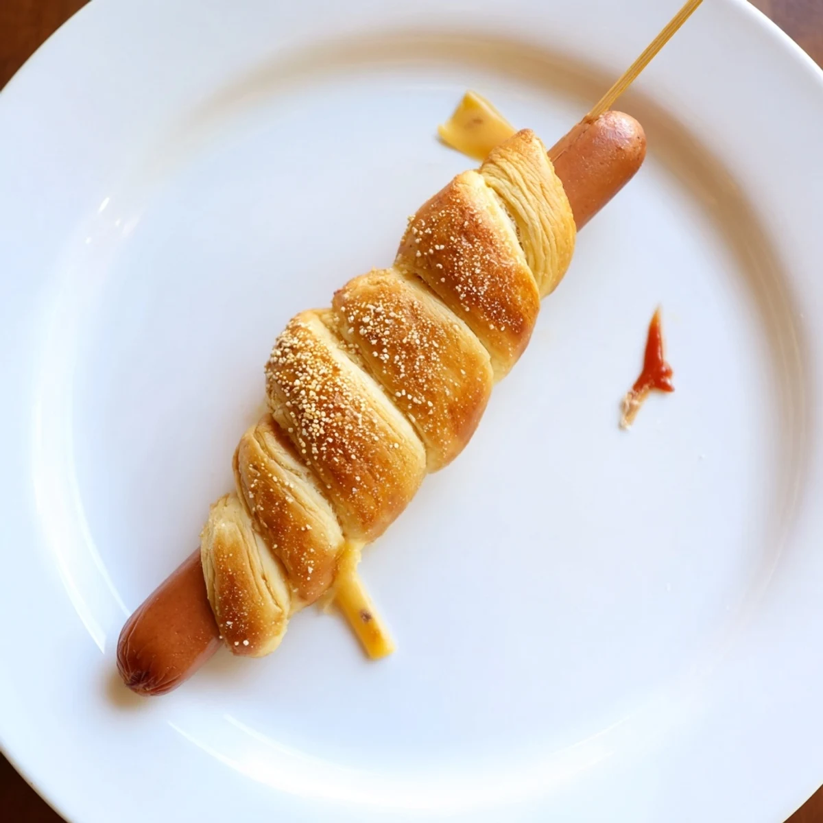 Warm Firecracker Hot Dogs Recipe spiraled in flaky crescent dough, brushed butter