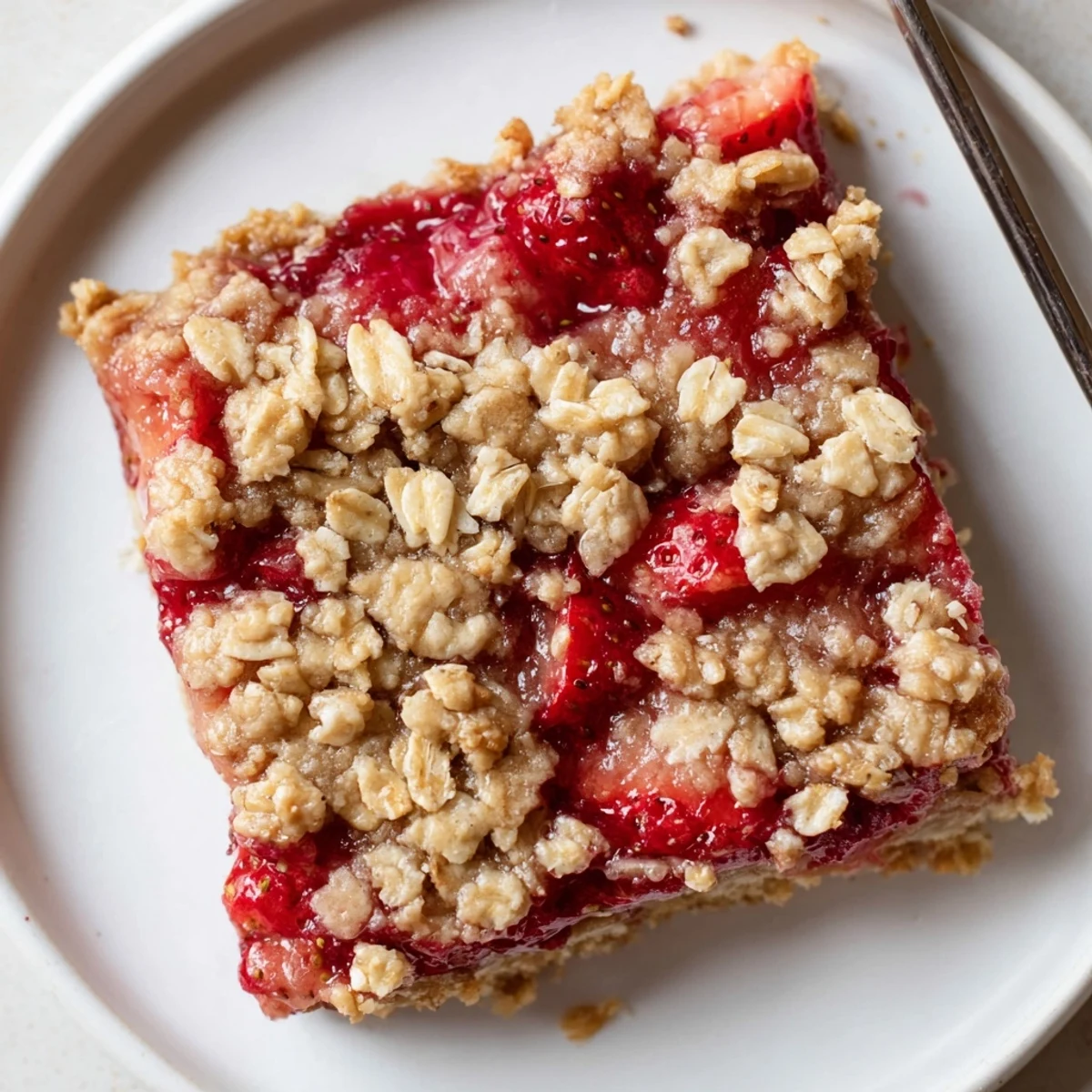 Warm Strawberry Oatmeal Crumble Bars Recipe, golden crumble and bubbling strawberry filling.
