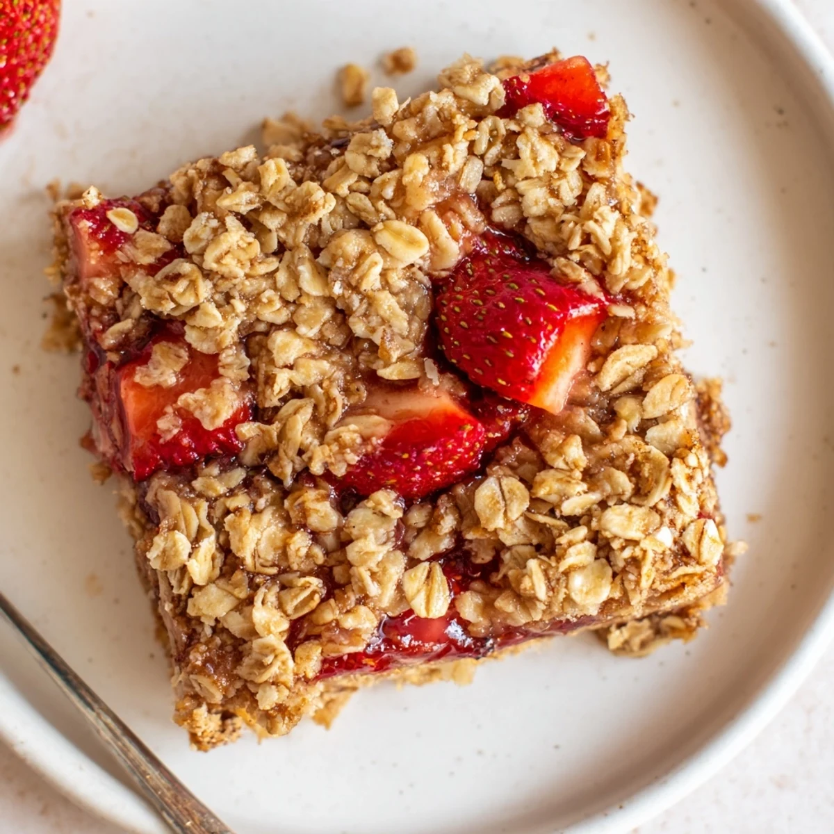 Strawberry Oatmeal Crumble Bars Recipe served warm with melting vanilla ice cream.