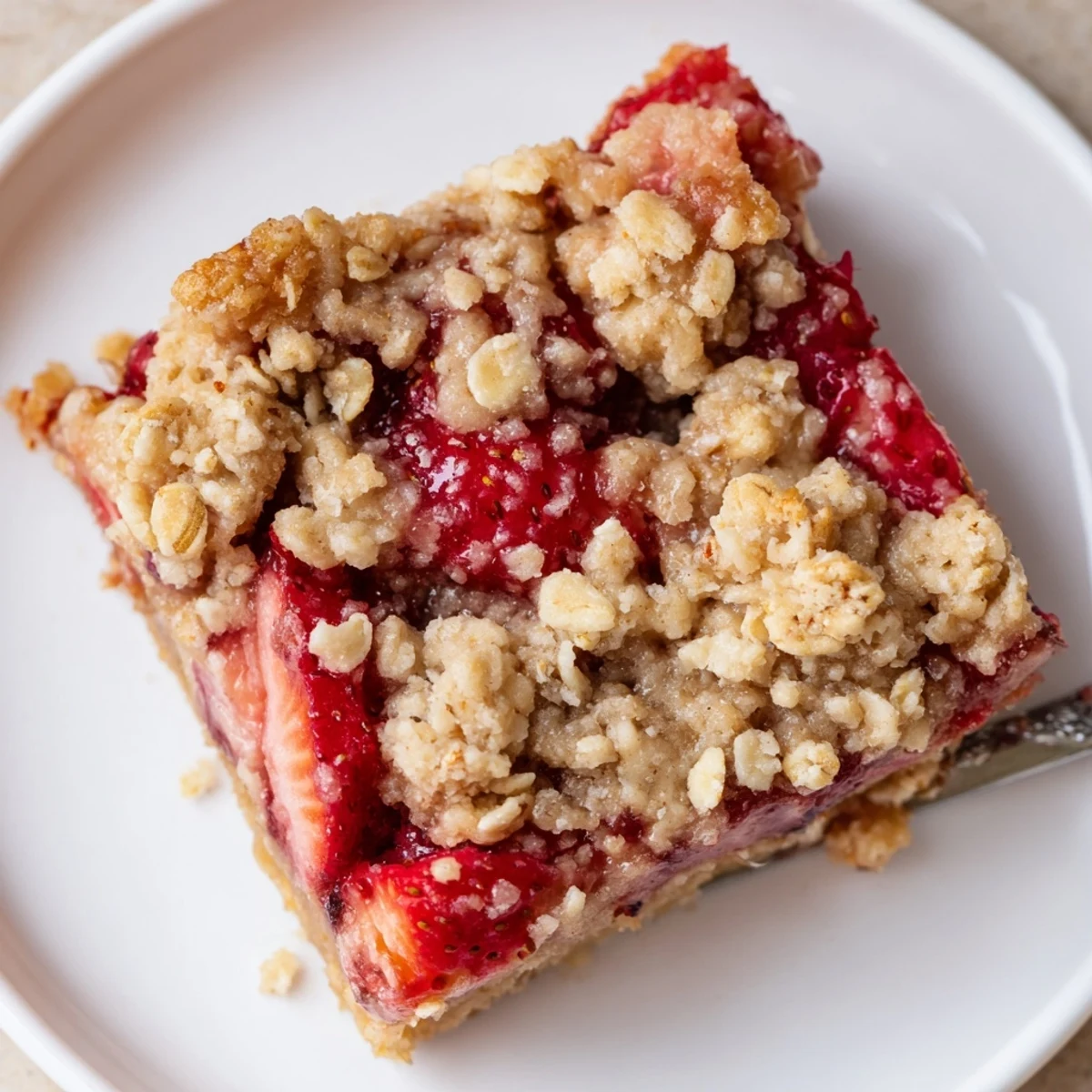 Rustic Strawberry Oatmeal Crumble Bars Recipe with buttery oat crust and juicy strawberries.