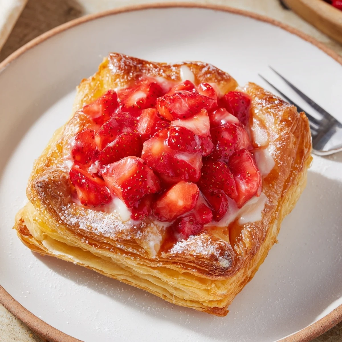 Strawberry Danish Recipe ready for morning, golden, buttery, topped with powdered glaze