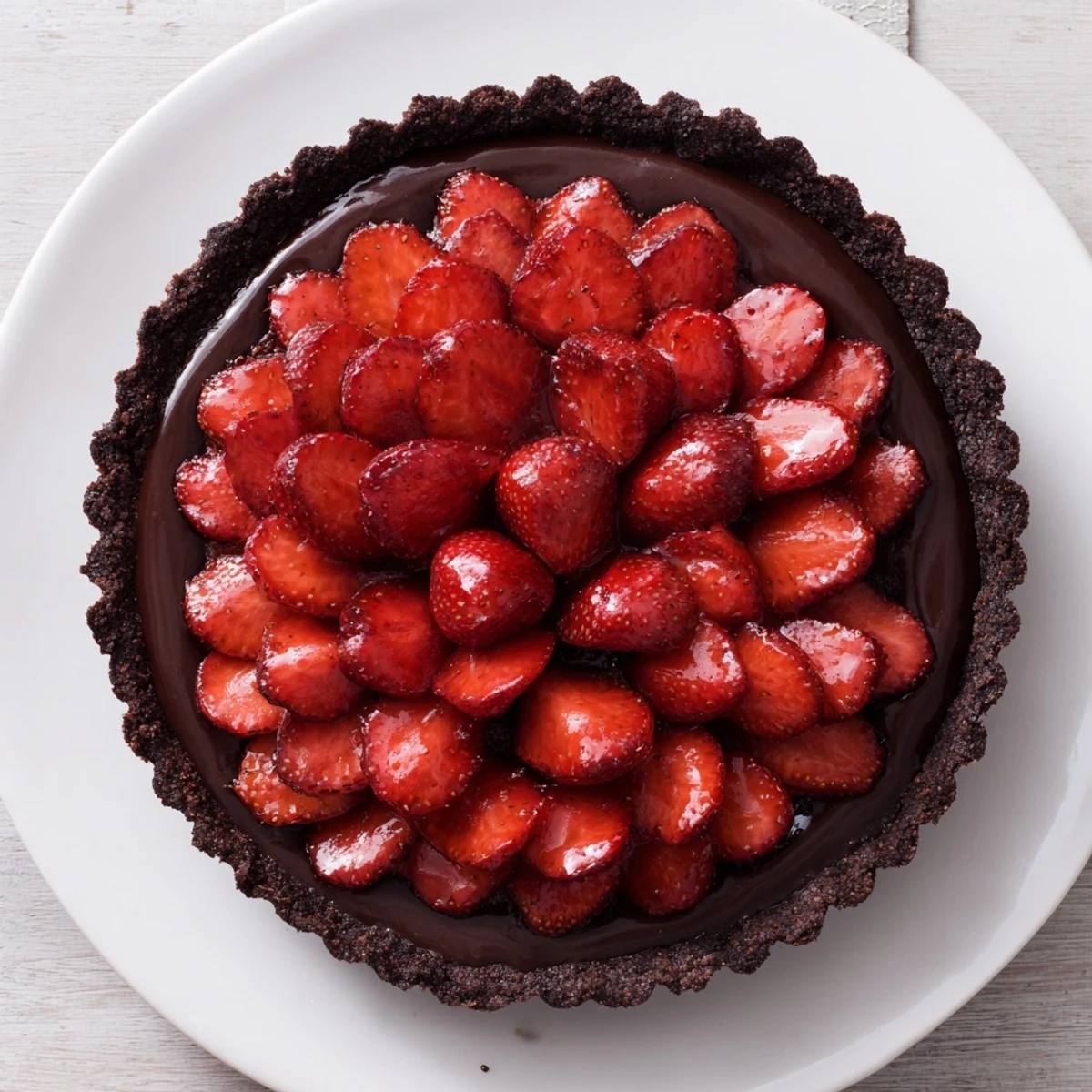 Dark Chocolate Strawberry Tart Recipe with glossy ganache and sliced strawberries, chilled.