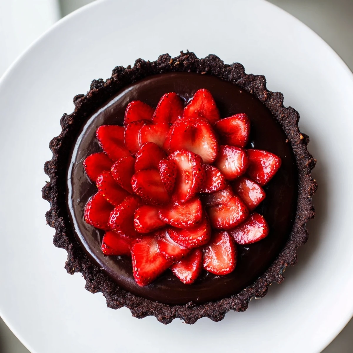 Plated Dark Chocolate Strawberry Tart Recipe showing crisp chocolate crust, fresh berries.