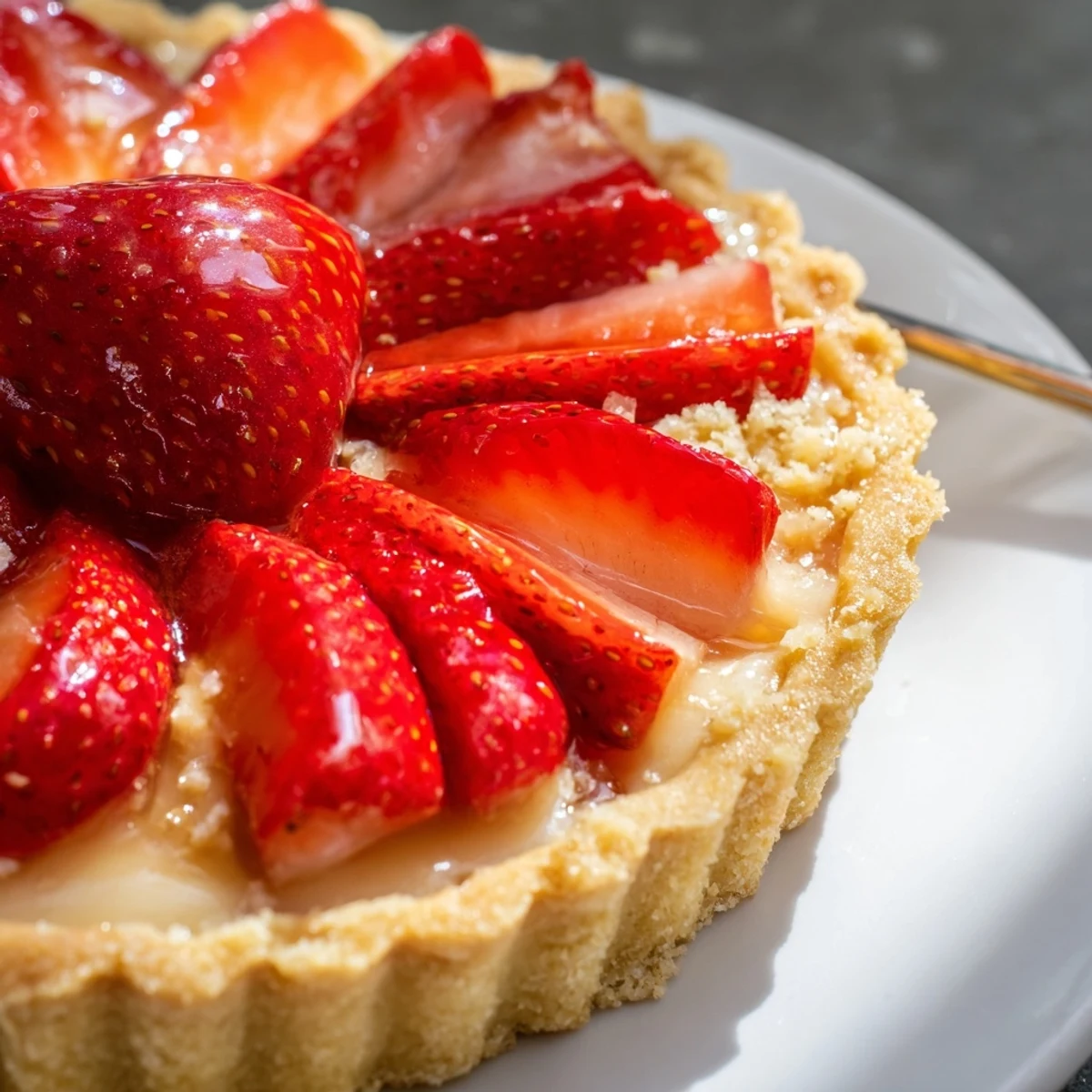 Classic homemade Tarte aux Fraises, buttery pastry base and fragrant berries