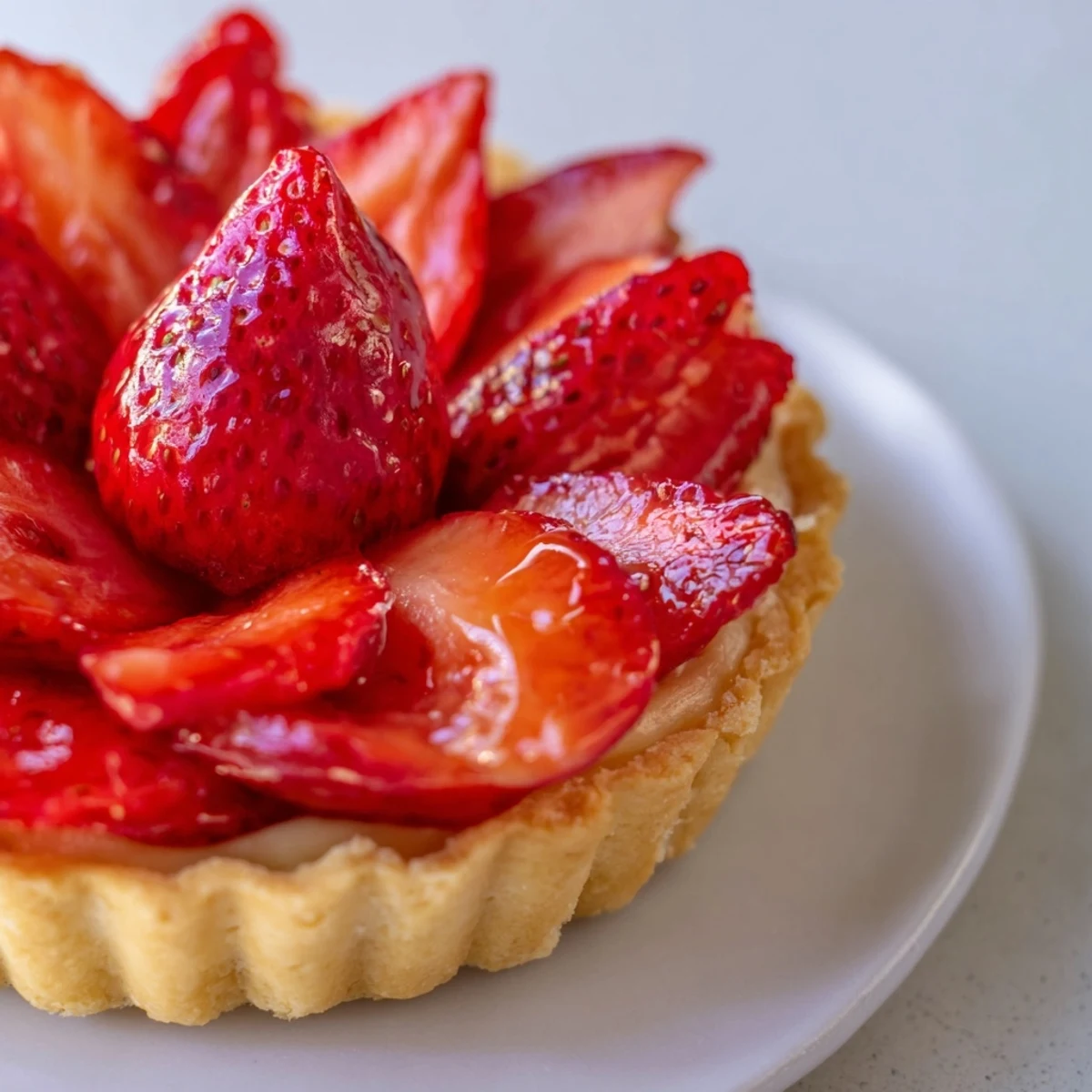 Sliced Tarte aux Fraises on a plate, chilled crust and apricot glaze