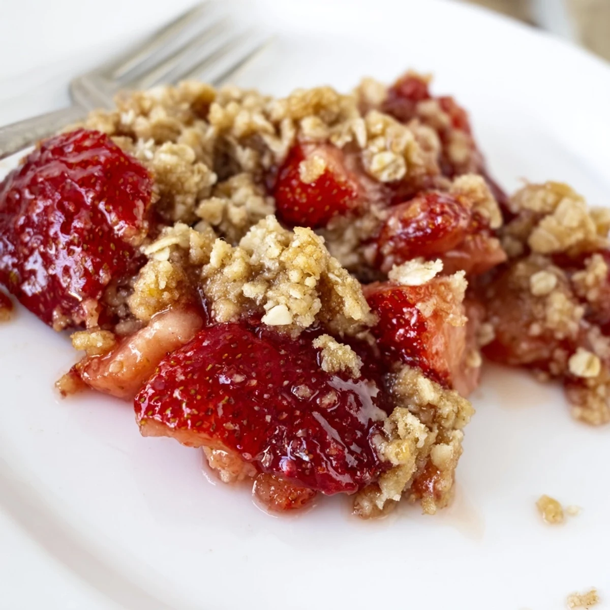 Fresh Strawberry Crisp Recipe bubbling in dish with golden oat topping