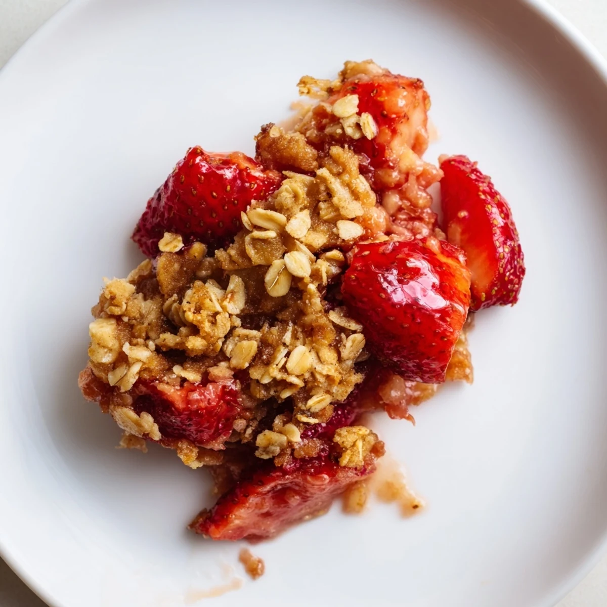 Warm Fresh Strawberry Crisp Recipe served with melting vanilla ice cream