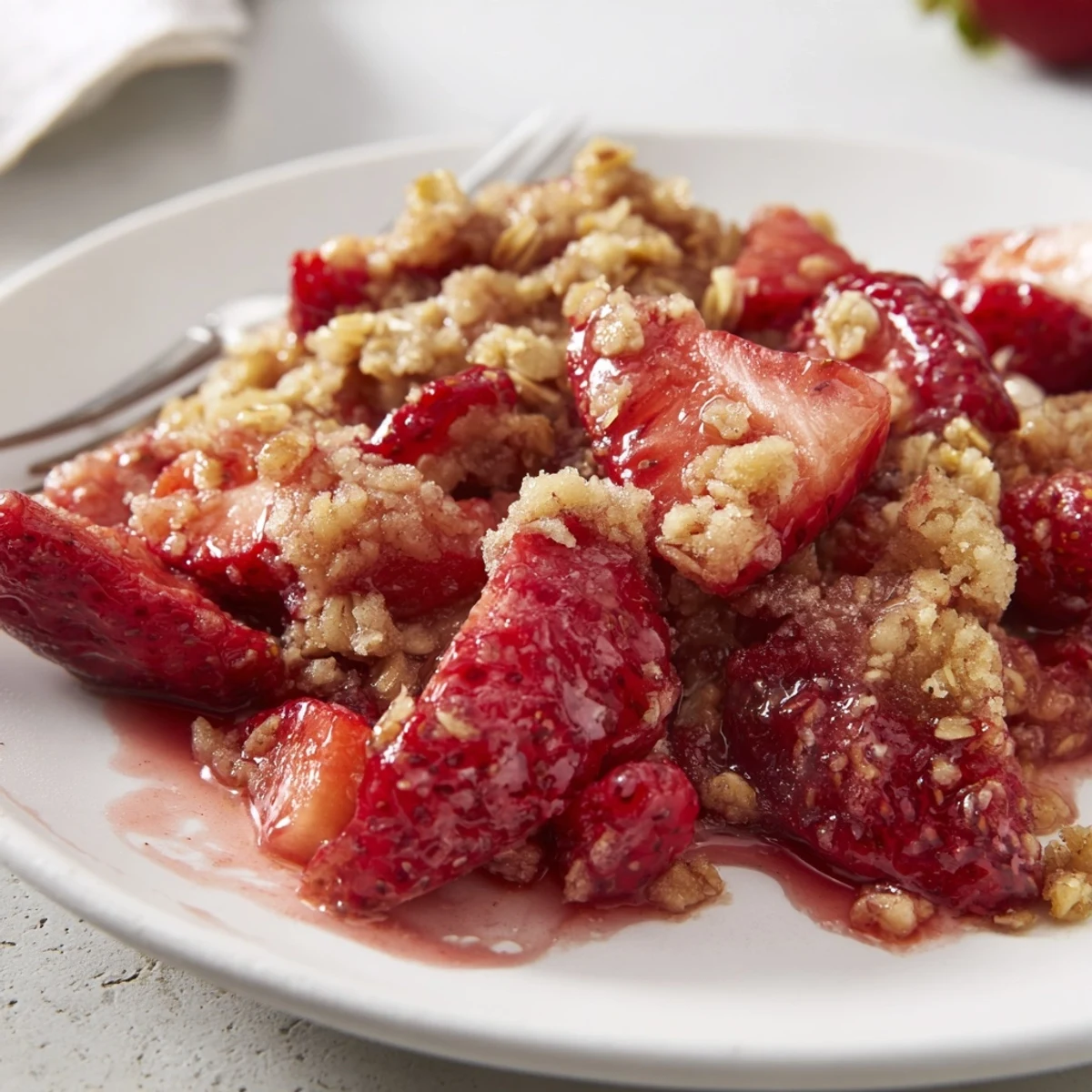 Spoonful of Fresh Strawberry Crisp Recipe showing juicy strawberries and crumbly topping