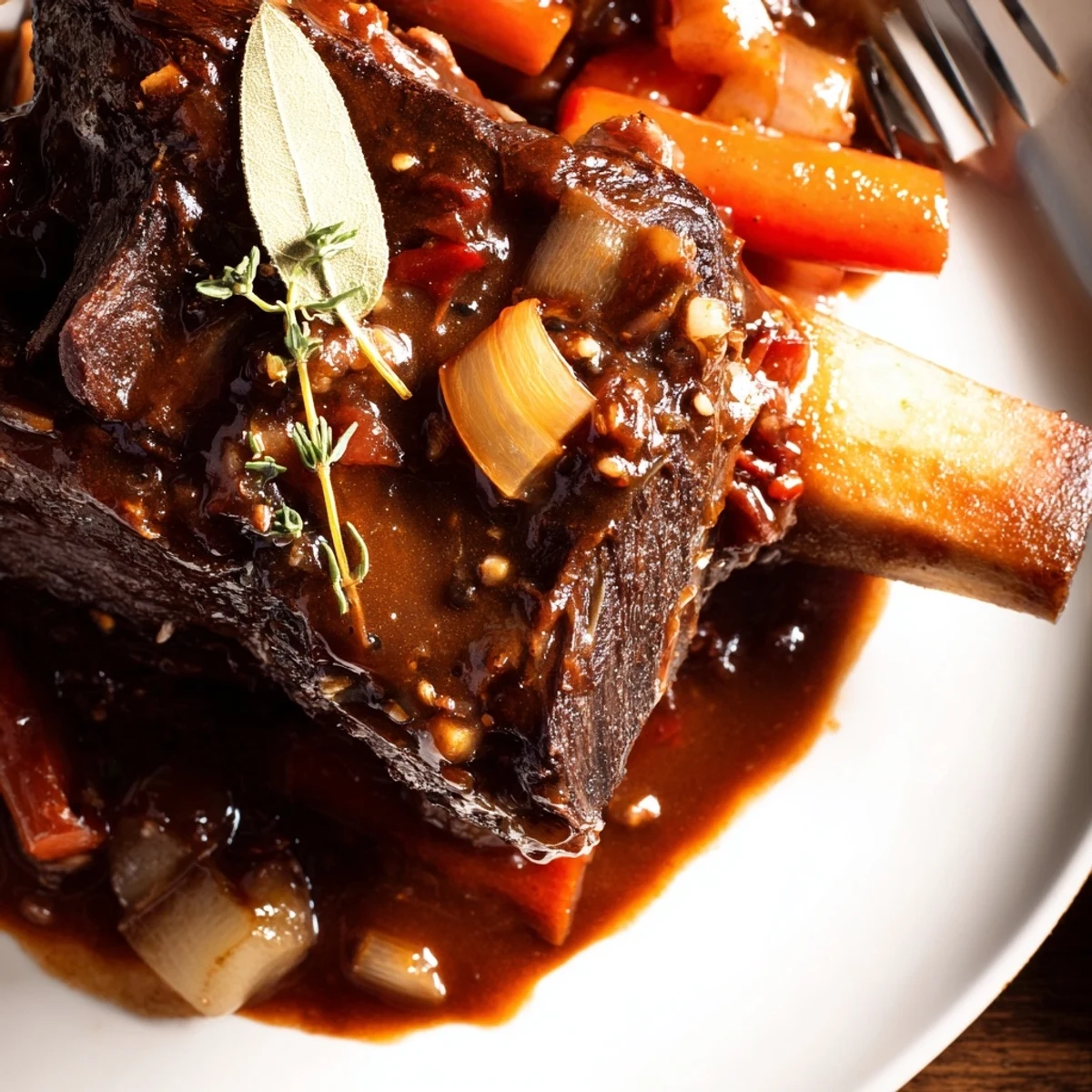 Slow Cooker Beef Short Ribs glistening in rich sauce over mashed potatoes
