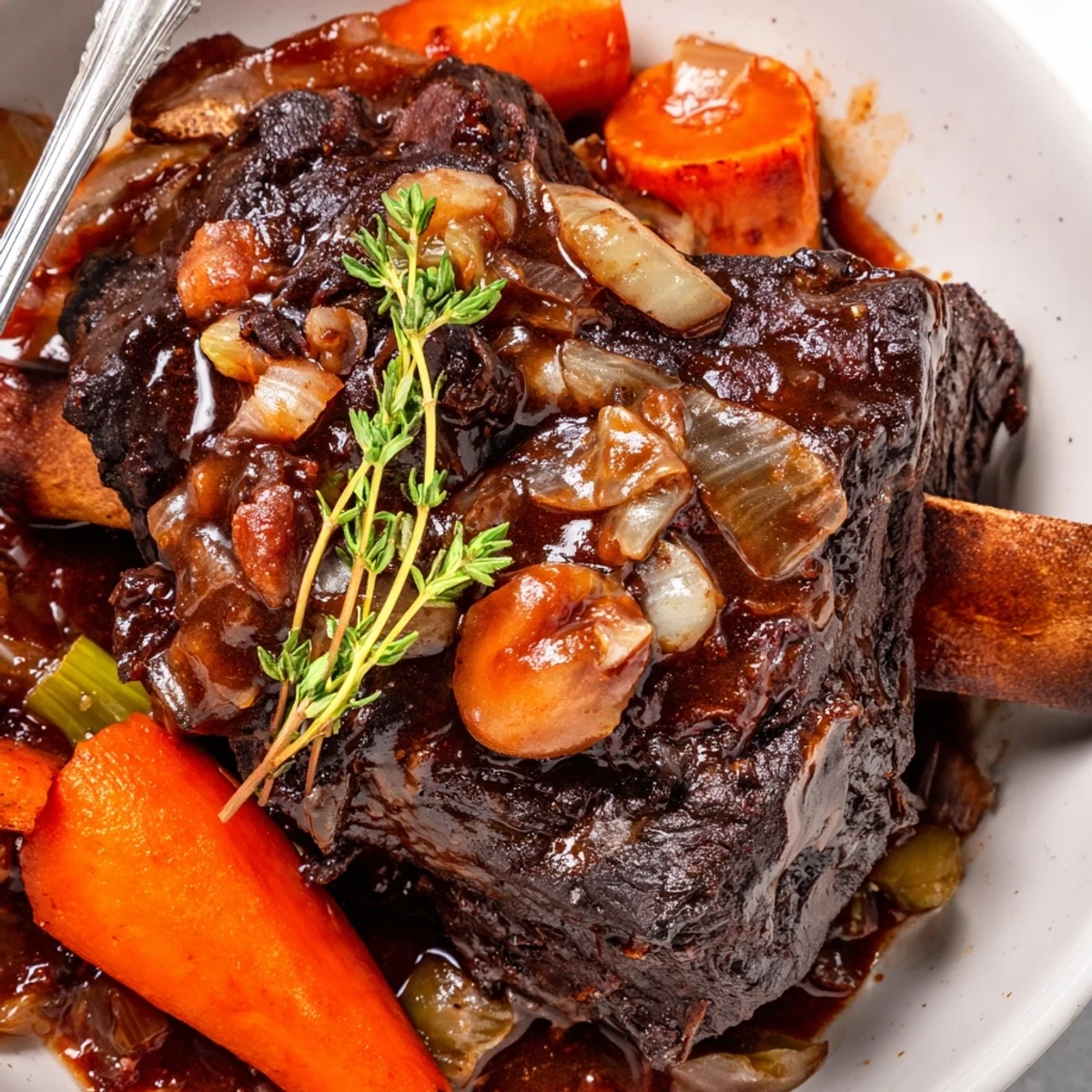 Steaming Slow Cooker Beef Short Ribs falling off bone with carrots