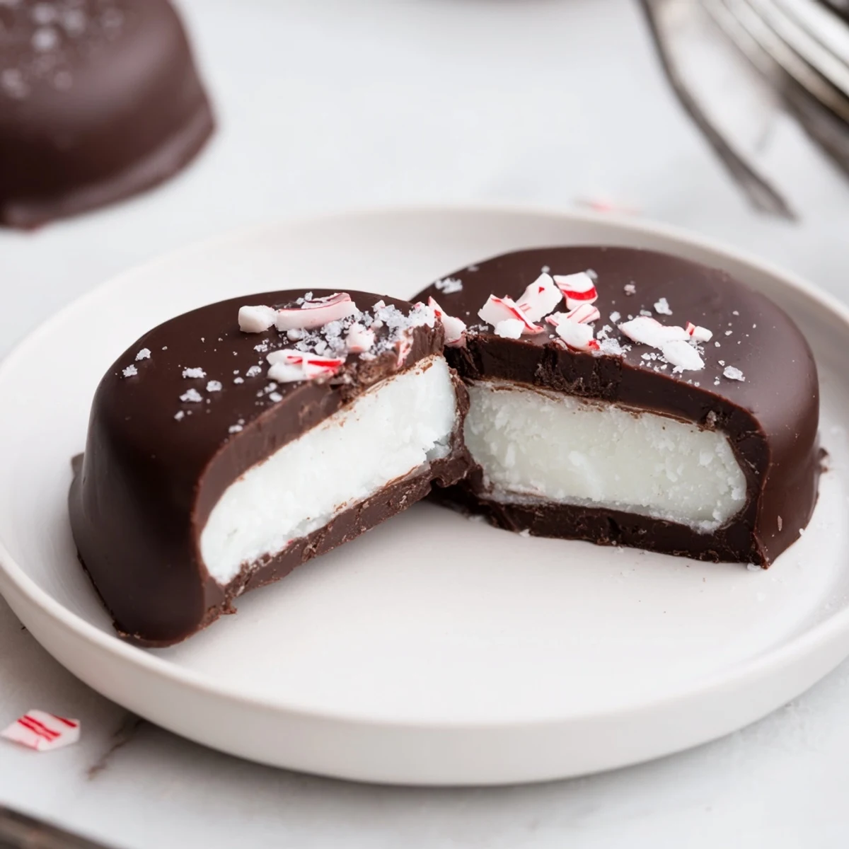 Peppermint Patties arranged on parchment, glossy dark chocolate, cooling on tray.