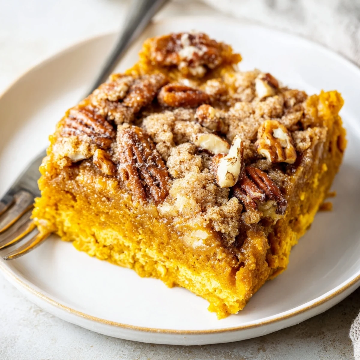 Slice of Pumpkin Dump Cake cooling on pan, spiced aroma hints