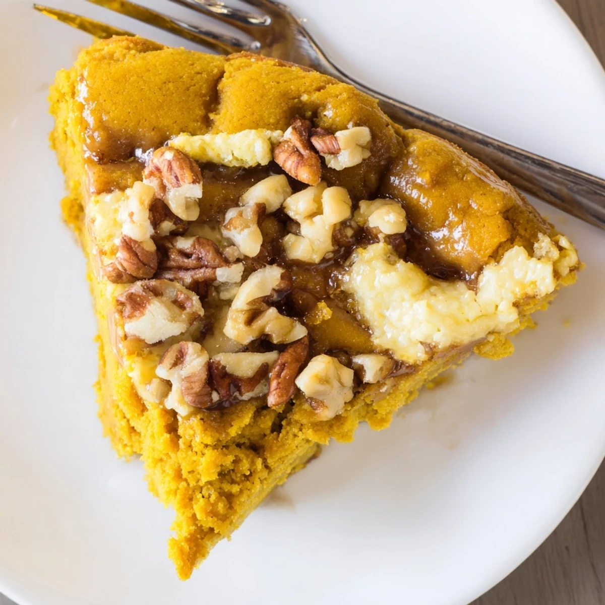 Warm Pumpkin Dump Cake with golden pecan crumble, steaming beside vanilla ice cream