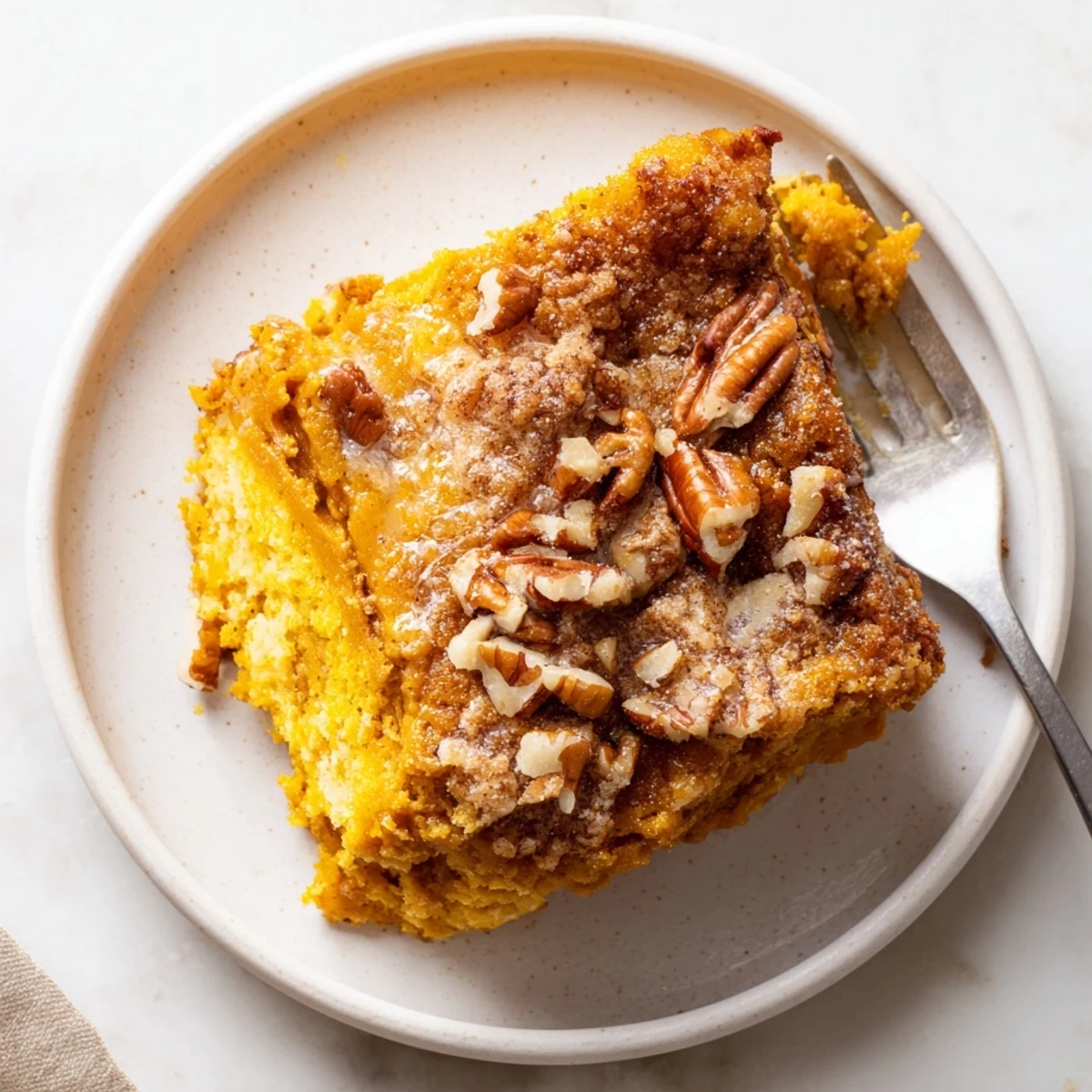 Homestyle Pumpkin Dump Cake topped with toasted pecans, served warm with whipped cream