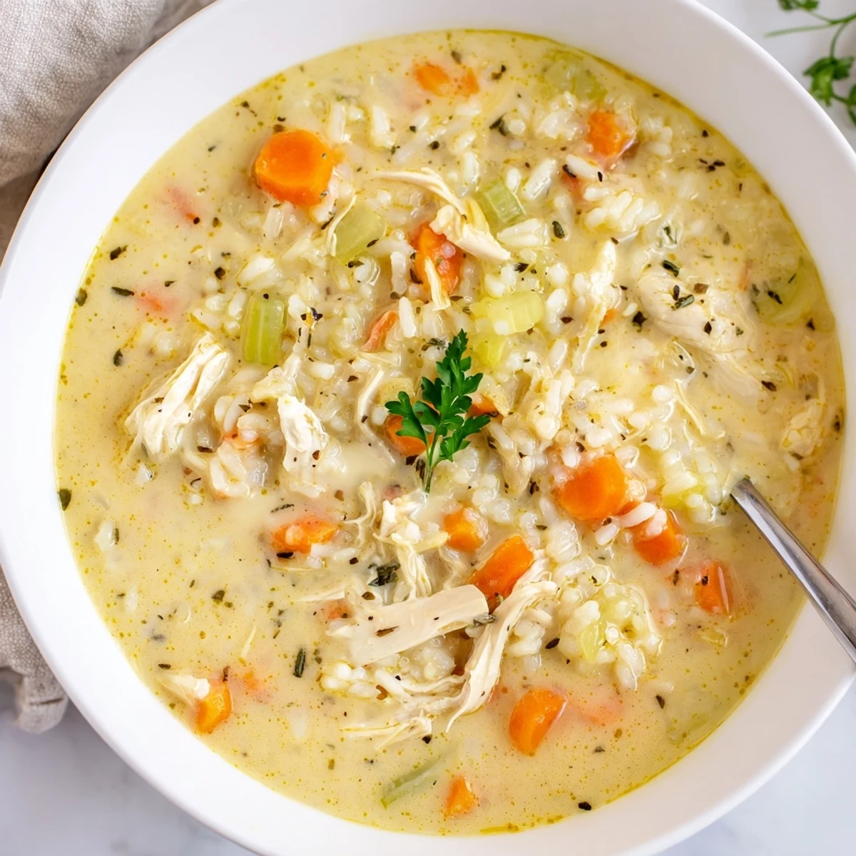Creamy Chicken Rice Soup steaming in bowl, tender chicken and silky broth