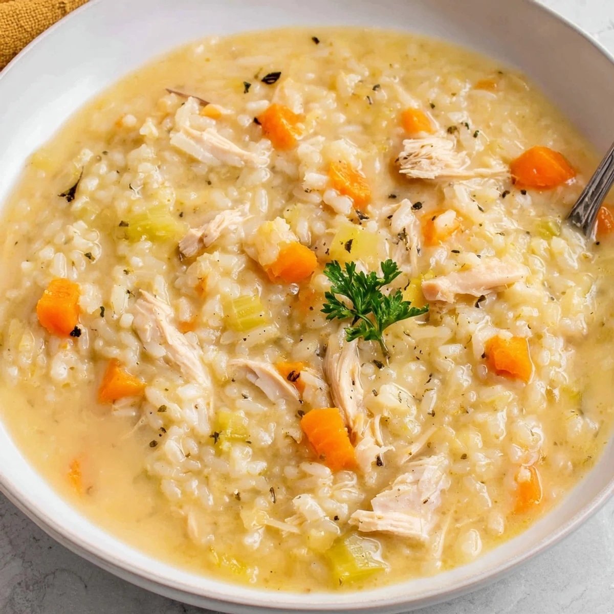 Bowl of Creamy Chicken Rice Soup garnished with parsley, ready to spoon