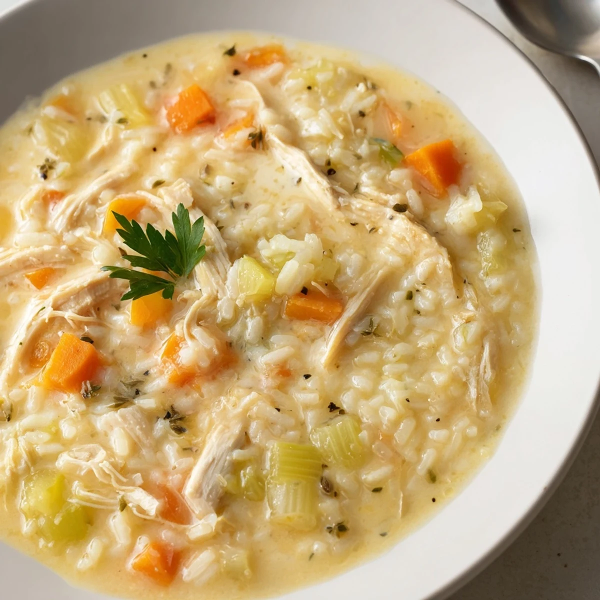 Savory Creamy Chicken Rice Soup served with crusty bread, aromatic carrot bites