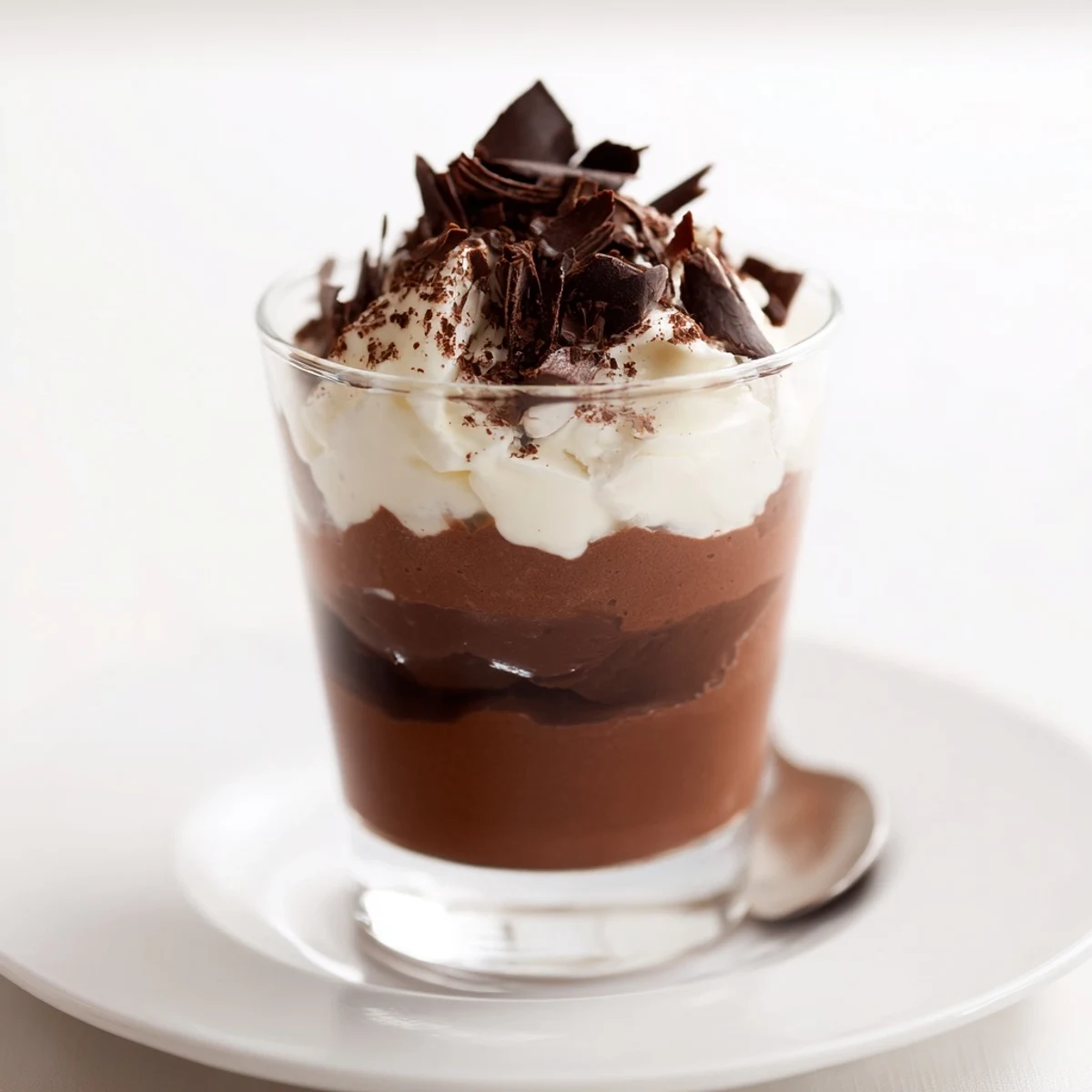 Layered Triple Chocolate Mousse Cups show glossy dark, milk, and white mousses.