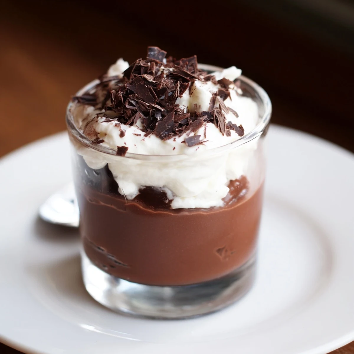 Creamy Triple Chocolate Mousse Cups chilled in clear glasses, topped with shaved chocolate.