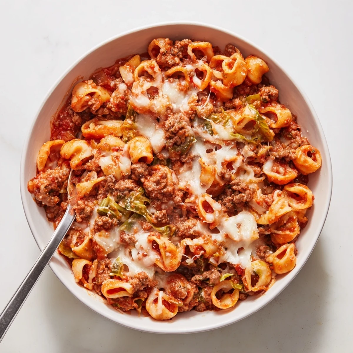 Golden cheesy cabbage roll pasta bake with tomato sauce beef bubbling in a baking dish