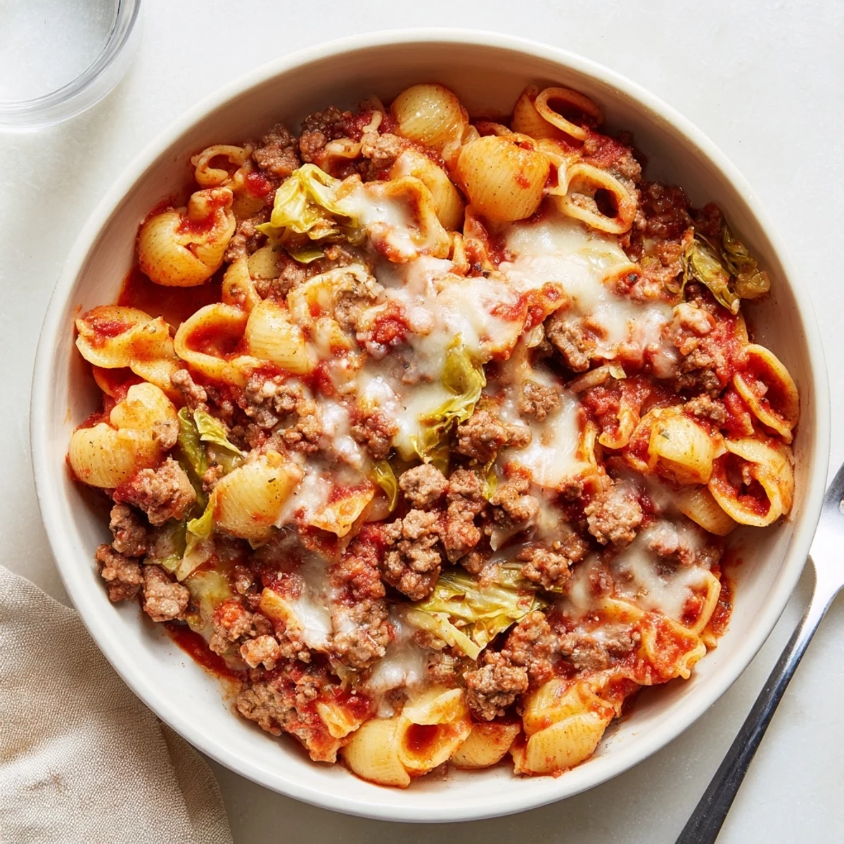 Hearty cabbage roll pasta bake with savory beef and tomato sauce topped with golden Parmesan
