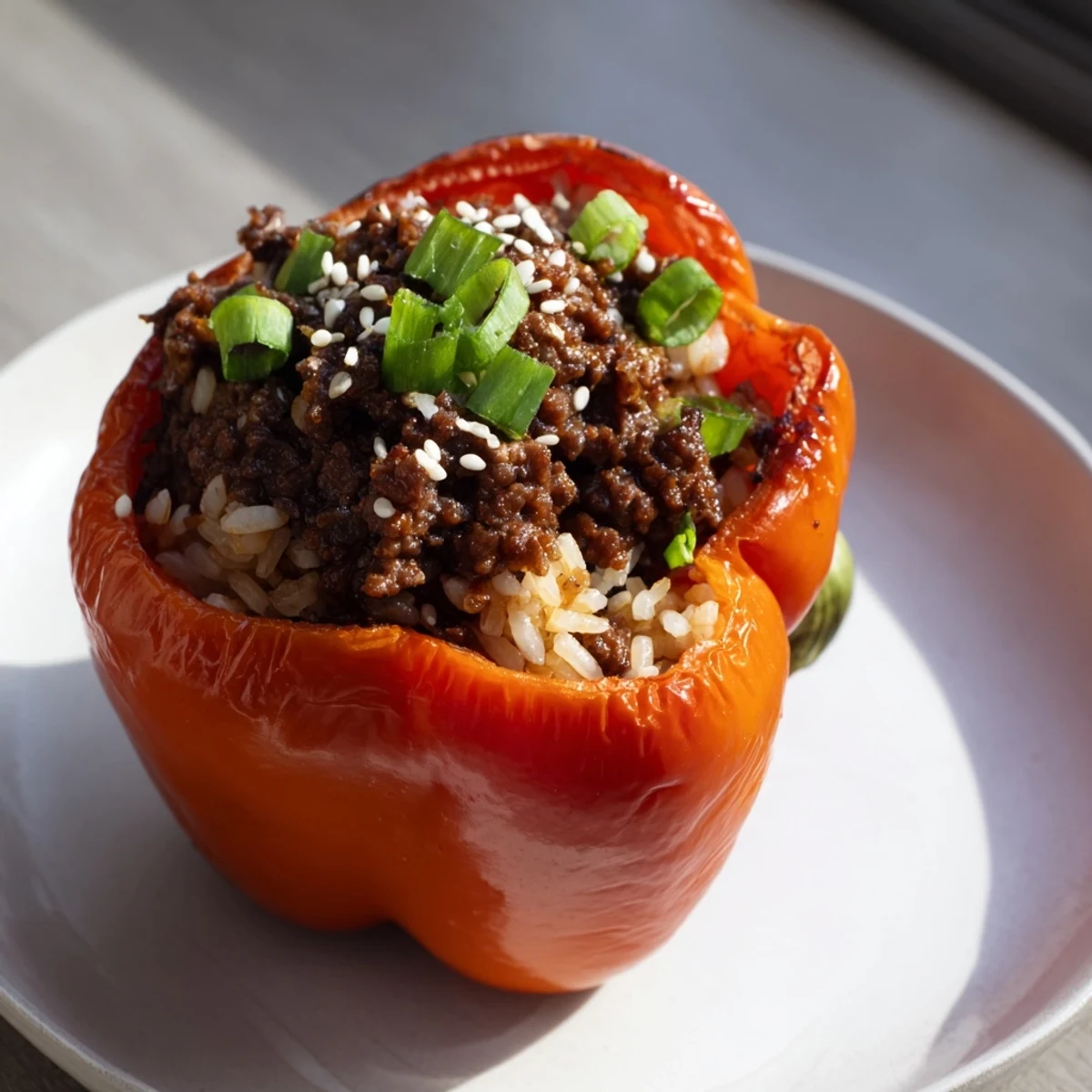 Golden roasted bell peppers overflowing with savory Korean beef bulgogi and fluffy seasoned rice garnished with scallions.