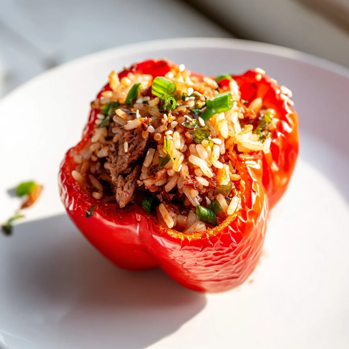 Colorful stuffed bell peppers filled with tender marinated beef bulgogi mixed with fragrant jasmine rice and vegetables.