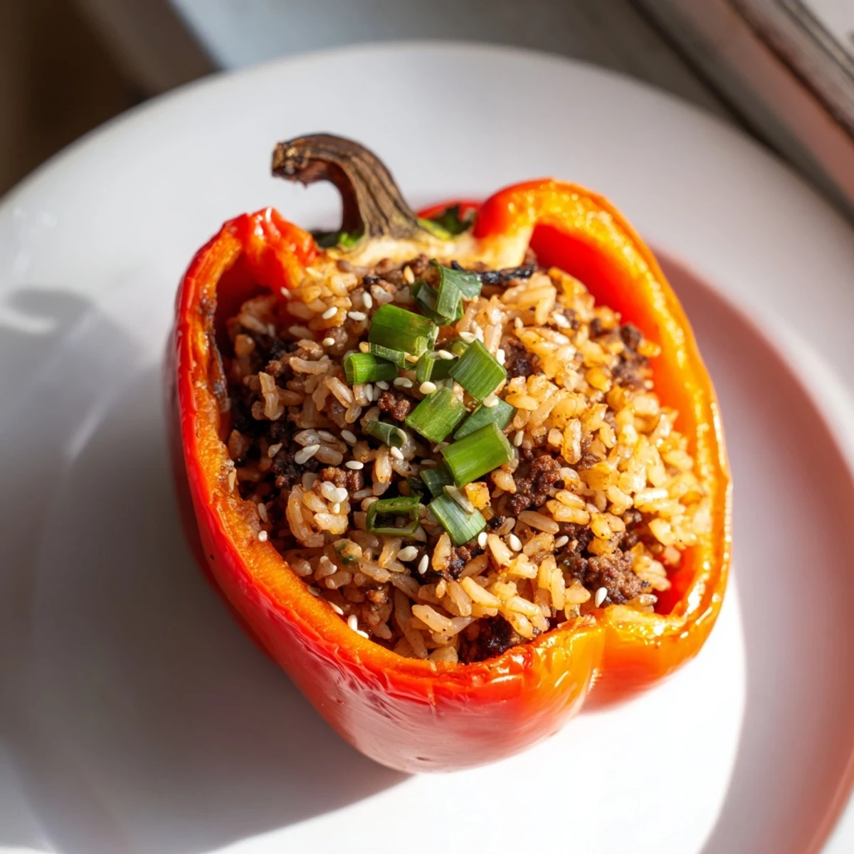 Roasted bell pepper halves packed with Korean-style beef bulgogi rice mixture topped with fresh scallions and sesame seeds.