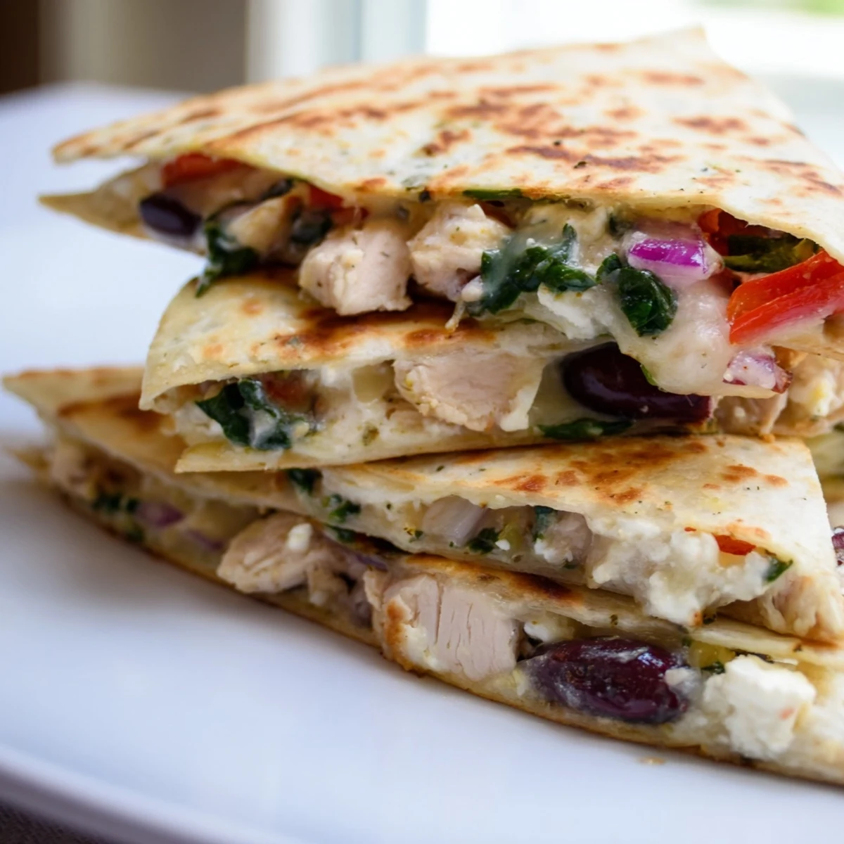Crispy golden Greek chicken quesadillas stuffed with melty mozzarella feta cheese Mediterranean vegetables