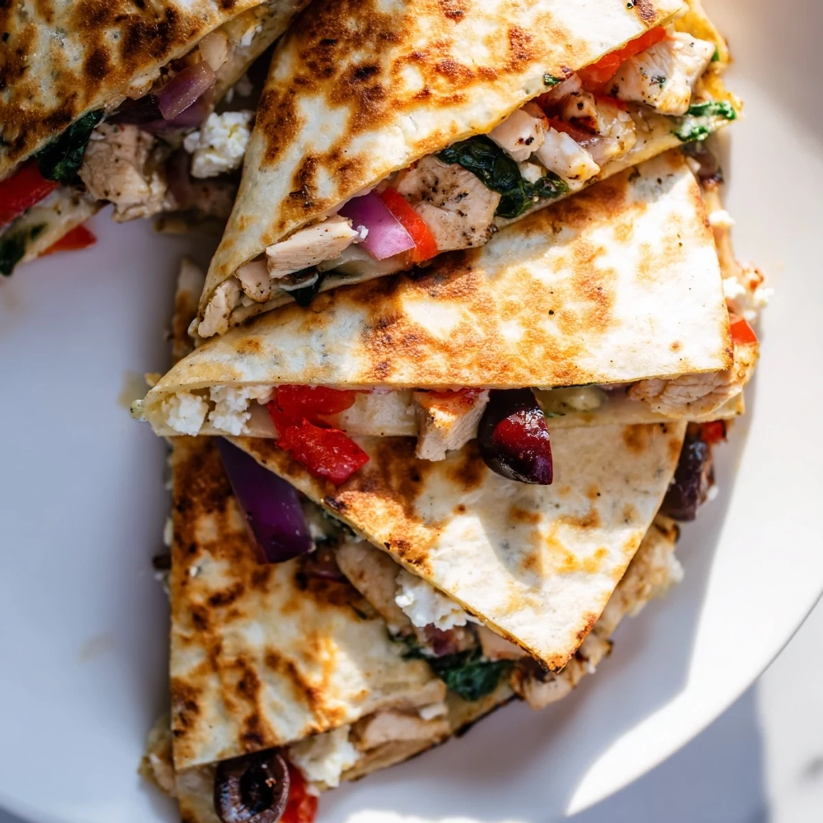 Golden tortilla halves filled with seasoned chicken roasted peppers spinach and Kalamata olives