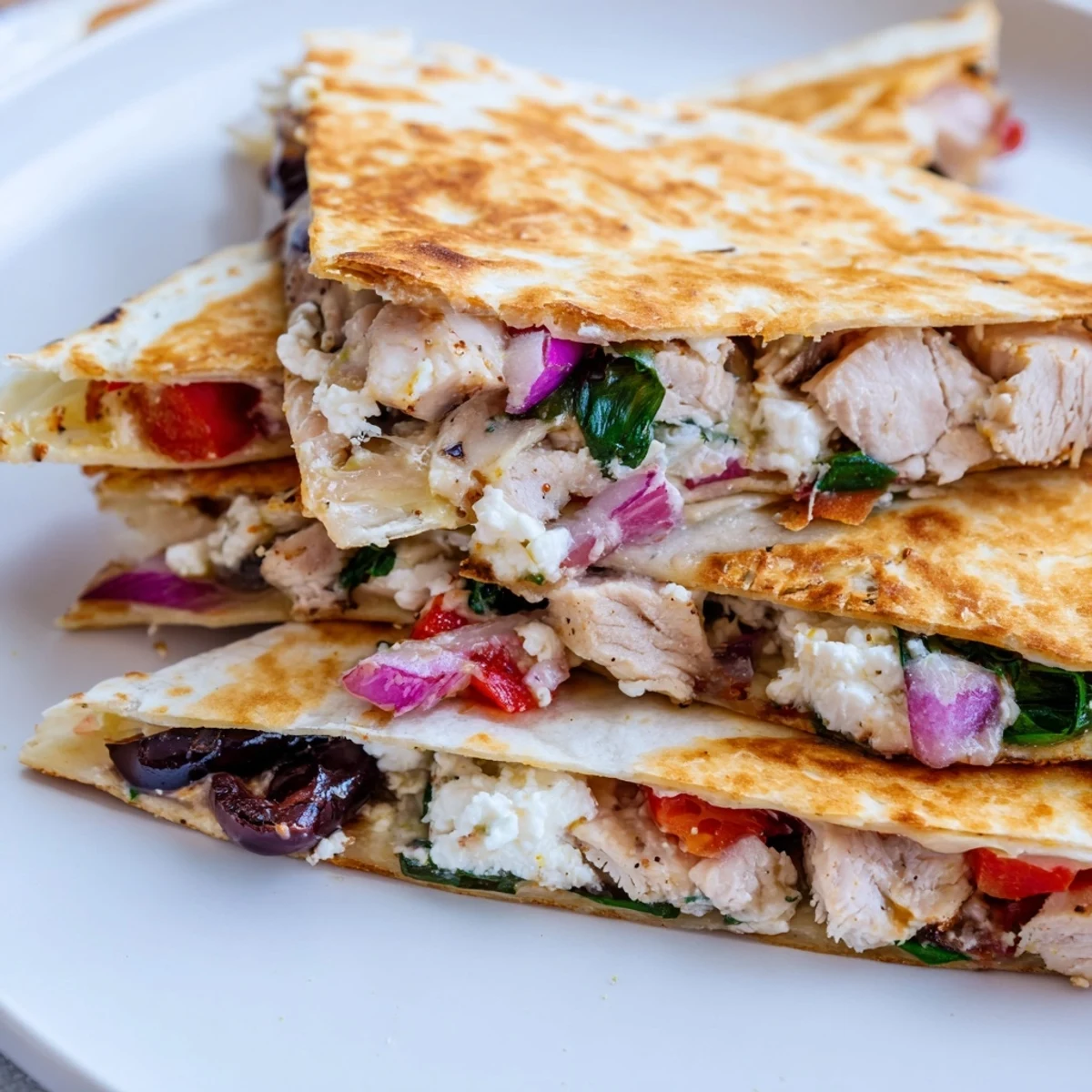 Sliced quesadilla revealing juicy marinated chicken melted cheese blend and colorful Mediterranean veggies inside