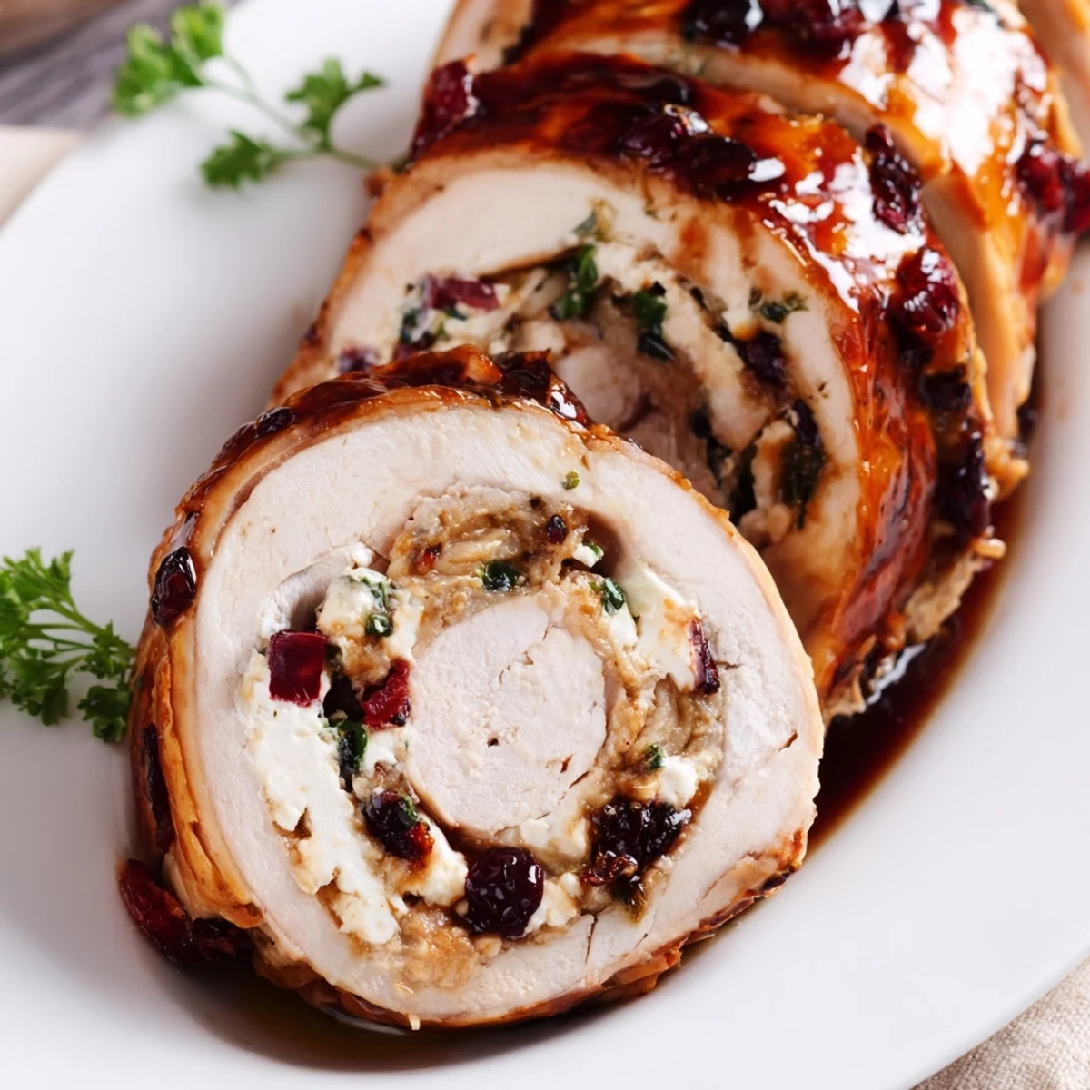 Festive stuffed turkey breast roasted with honey mustard glaze and speckled with tart cranberries