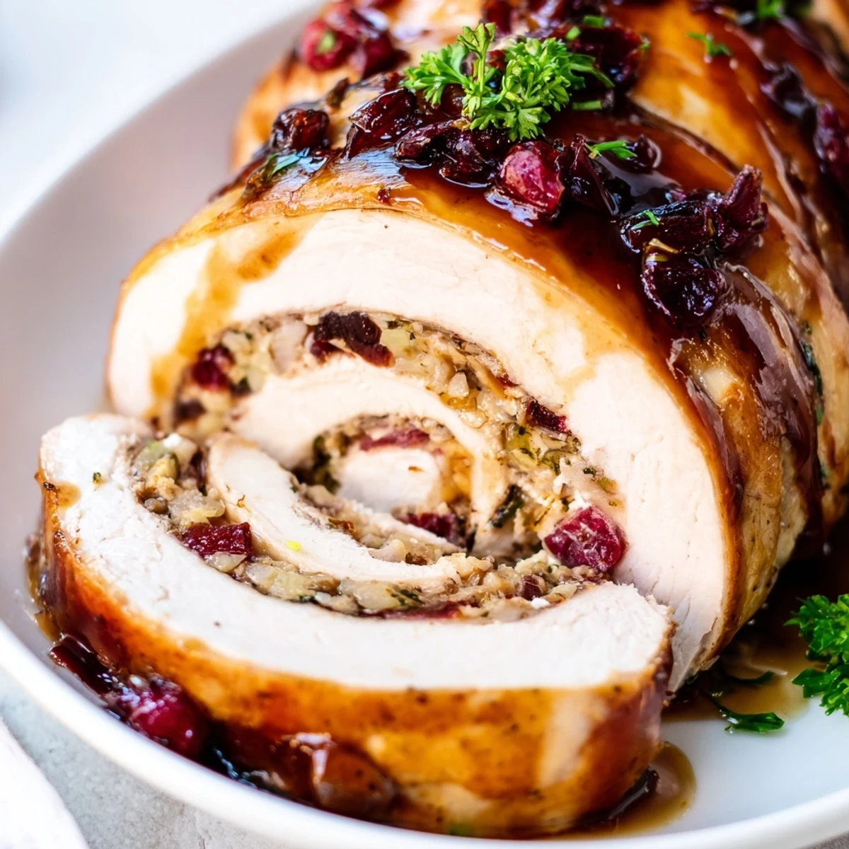 Golden glazed turkey breast roll sliced to reveal creamy goat cheese and vibrant cranberry filling