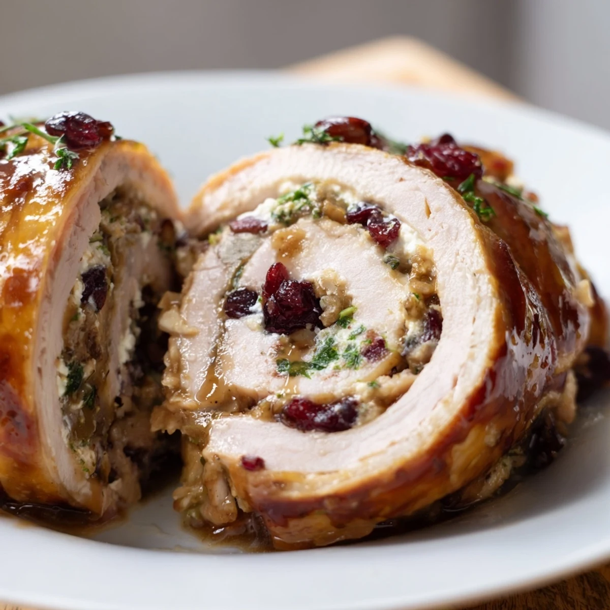 Elegant turkey roulage with tangy cranberry goat cheese center brushed with glossy balsamic honey glaze