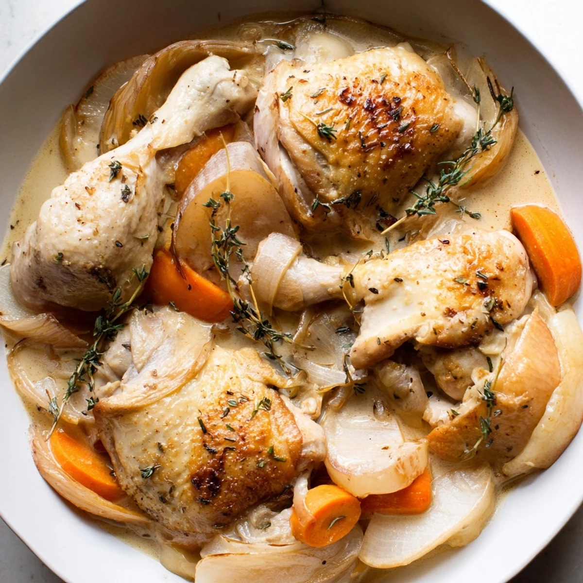Golden brown chicken simmers in a creamy cider sauce with tender apple slices and fresh herbs
