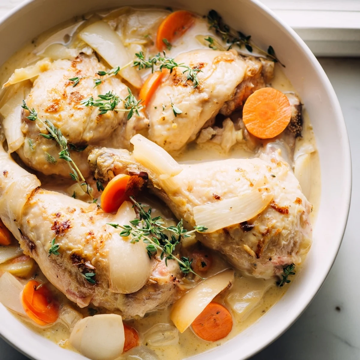 Rustic Dutch oven filled with French chicken casserole featuring caramelized onions and apples in velvety sauce