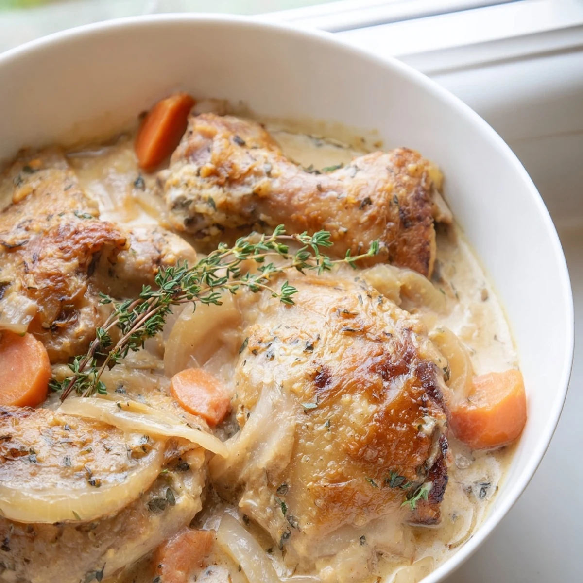 Spoonful of tender chicken and apples coated in rich Calvados cream sauce from this traditional Normandy dish