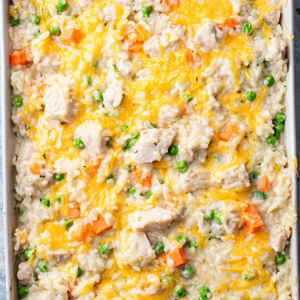 Golden creamy chicken and rice casserole topped with melted cheddar cheese and vibrant peas