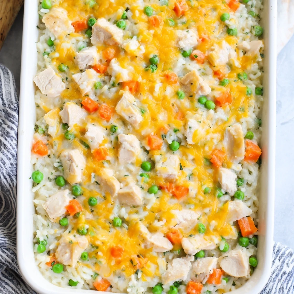 Baked chicken and rice casserole with bubbling cheese sauce and colorful mixed vegetables