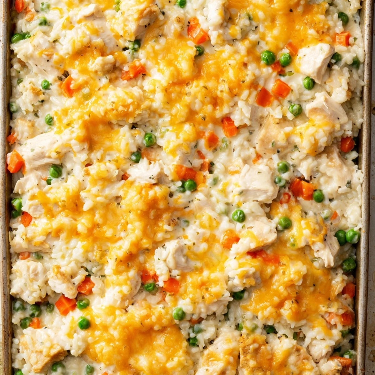 Comforting chicken and rice casserole fresh from the oven with gooey melted cheese topping