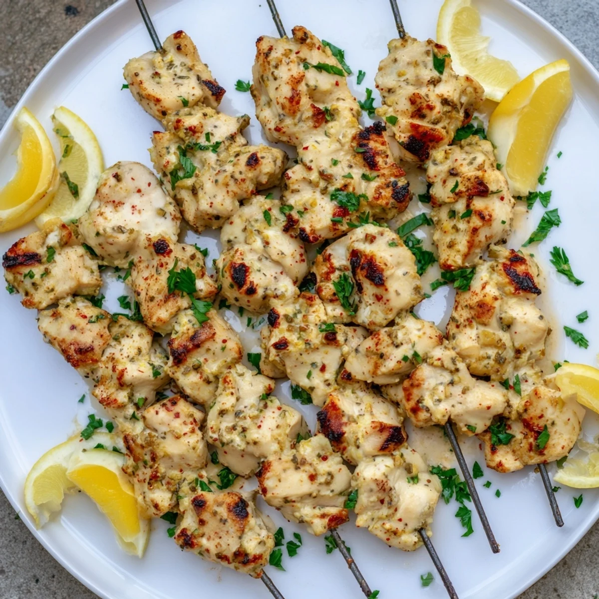 Golden brown Greek yogurt marinated chicken skewers grilled to juicy perfection with charred edges