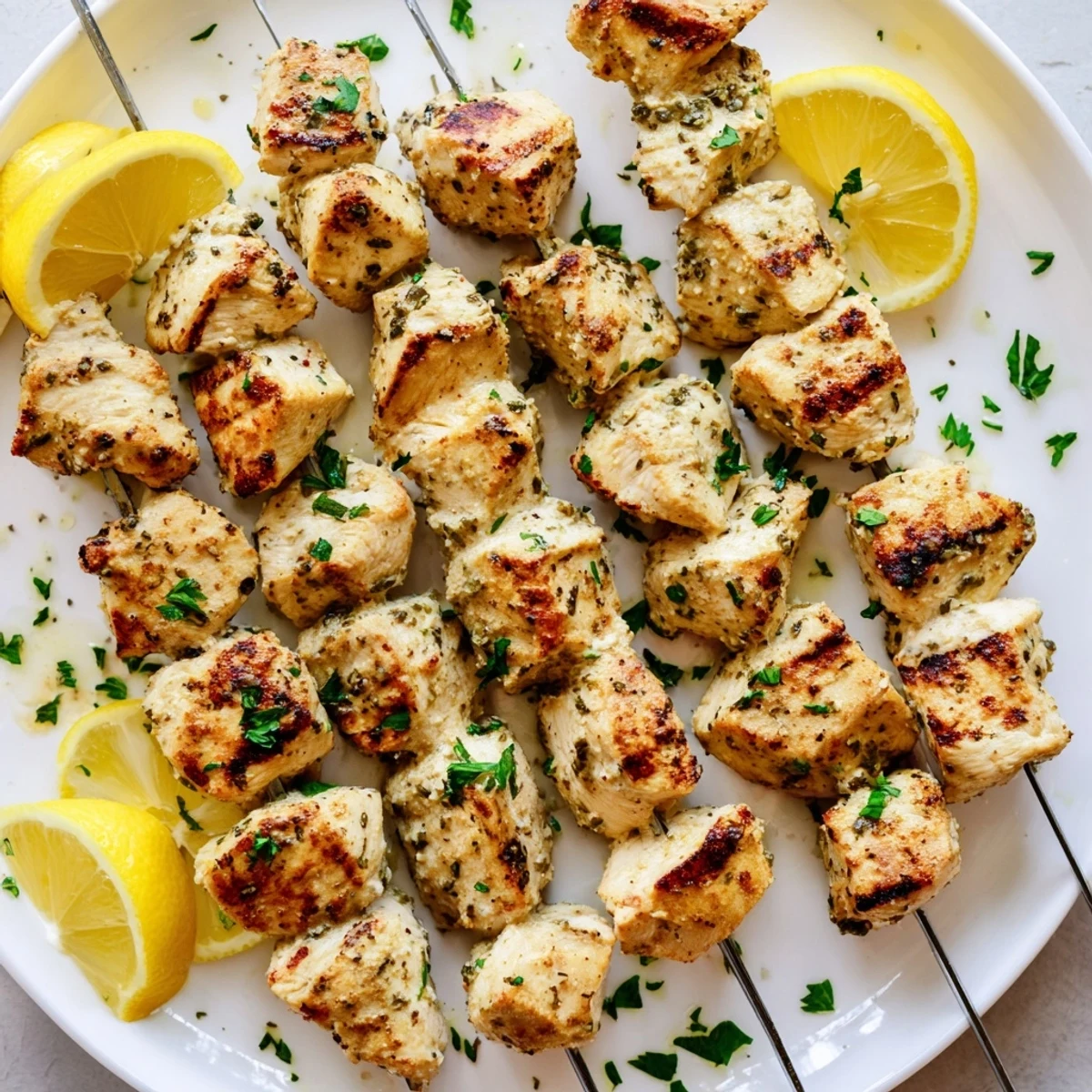 Tender chicken pieces threaded on skewers featuring creamy Greek yogurt herb marinade and grill marks