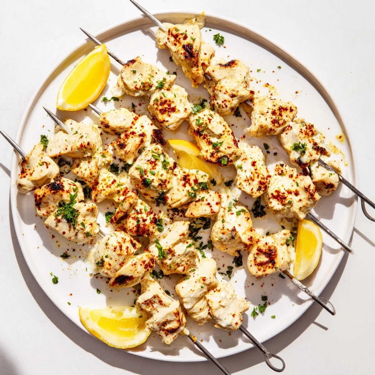 Succulent Greek yogurt marinated chicken skewers arranged on a platter with fresh lemon wedges and parsley