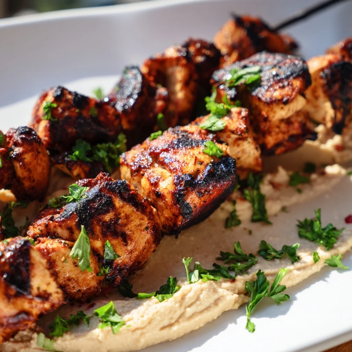 Tender charred chicken kebabs plated on smooth classic hummus topped with lemon wedges and herbs