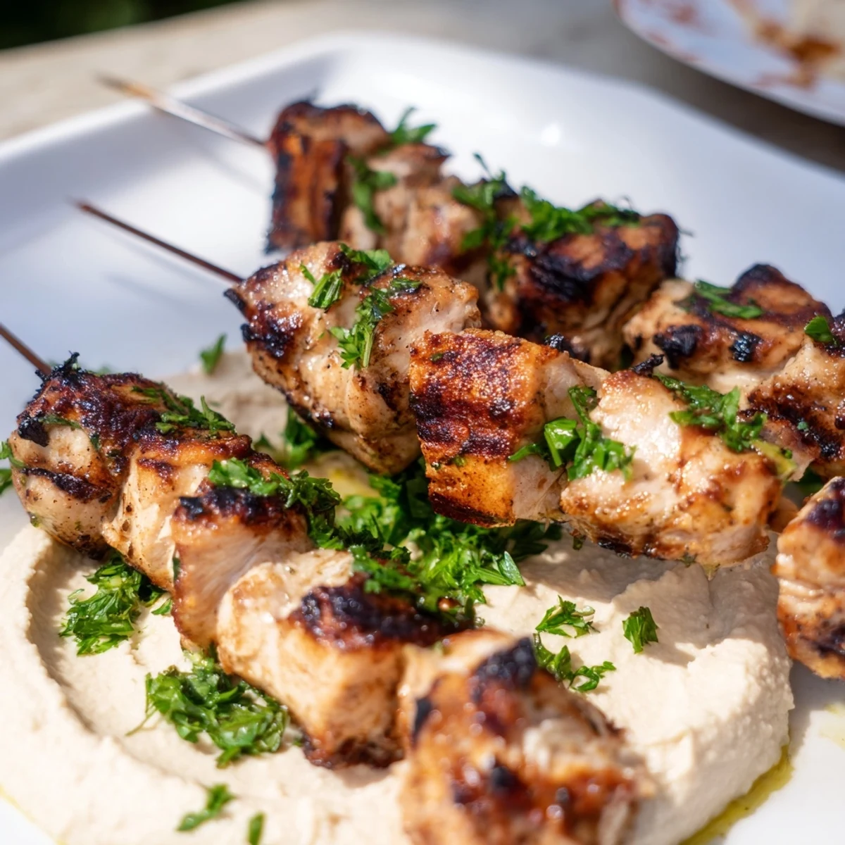 Golden grilled Mediterranean chicken skewers arranged over creamy hummus spread with fresh parsley garnish