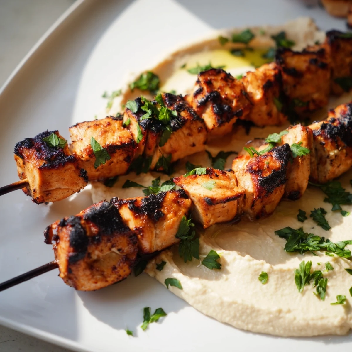 Savory marinated chicken skewers resting atop velvety hummus spread with pita bread and fresh vegetables