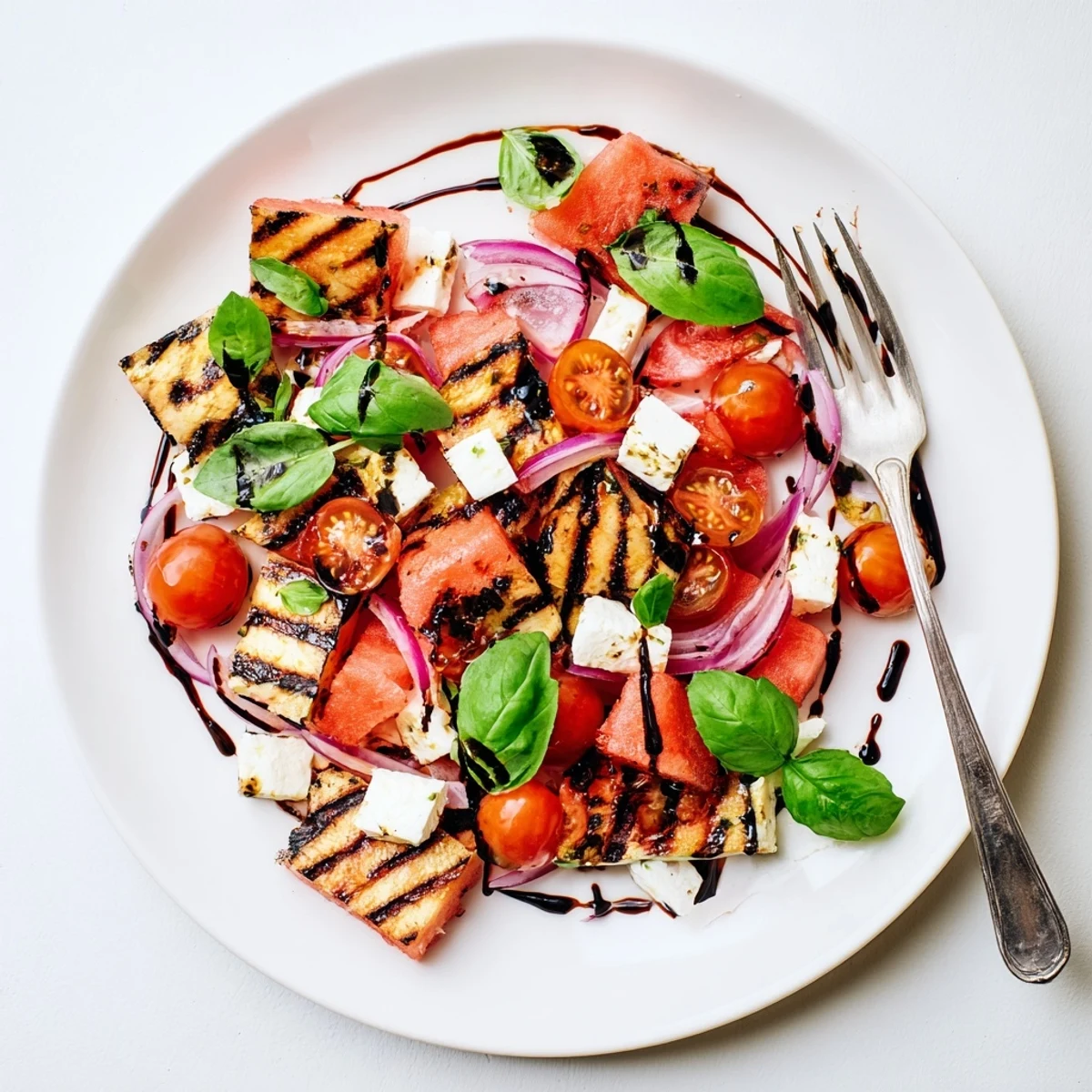 Fresh summer salad featuring smoky charred watermelon with crumbled feta and green basil leaves