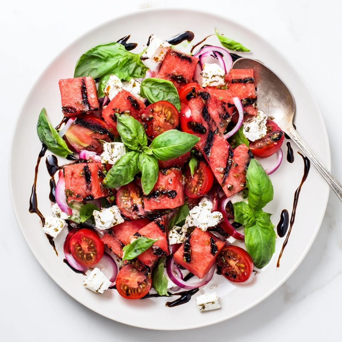 Close-up of Mediterranean-style salad with juicy grilled watermelon chunks and creamy feta cheese topping
